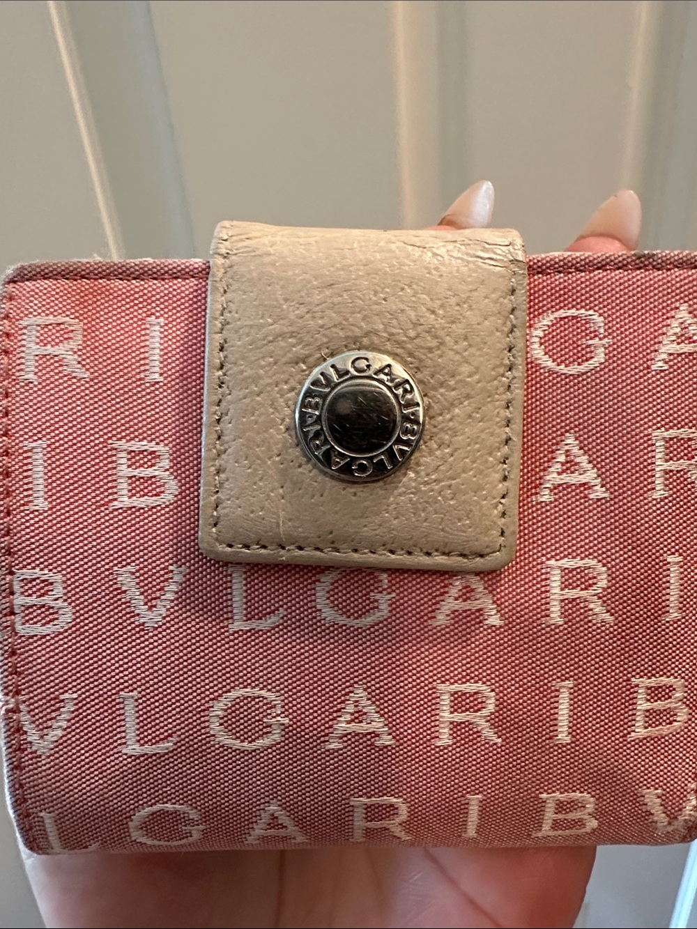 Bulgari Pink Canvas Logo Compact Wallet with Cream Snap - Picture 5 of 9